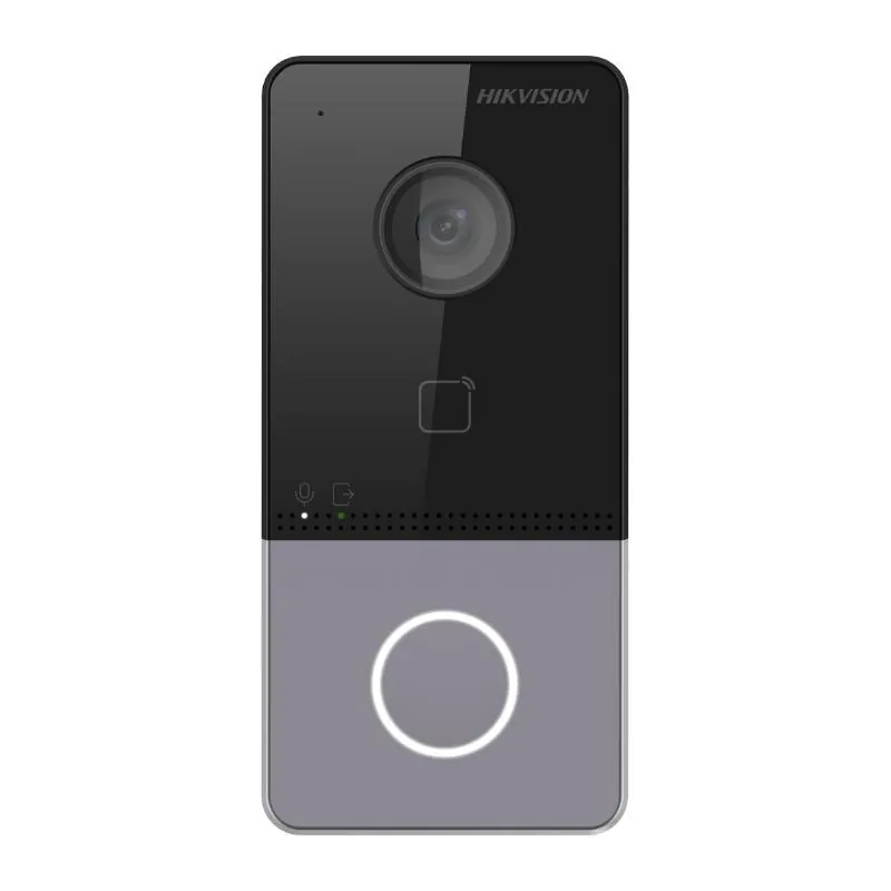 The Hikvision DS-KV6113-WPE1 door station: bell button, camera and speaker in one slim unit